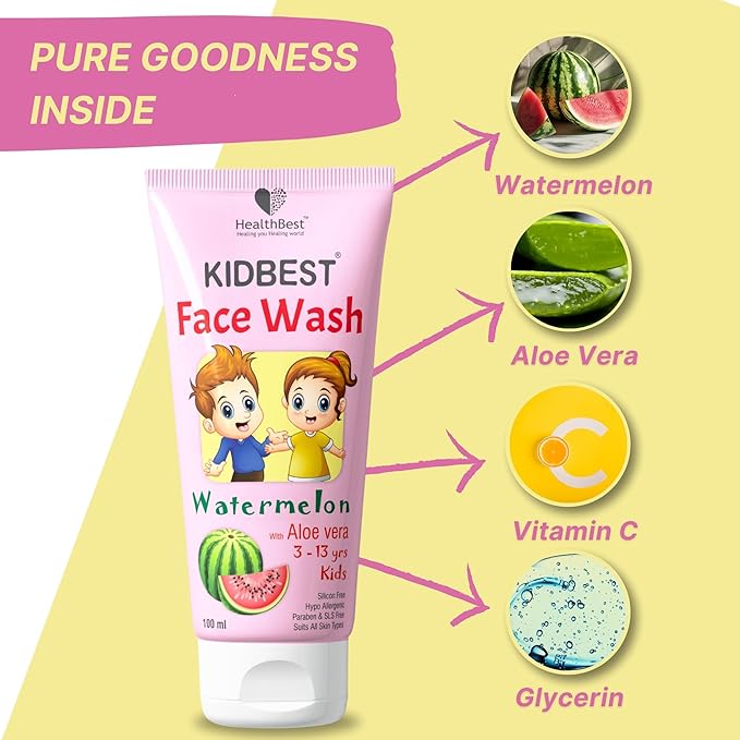 Kids Multivitamin Face Wash - Natural, Non-Toxic 100ml, Organic Watermelon for Normal, Gentle Sensitive & Dry Skin Types - Tear, Paraben, SLS Free, Pack of 1