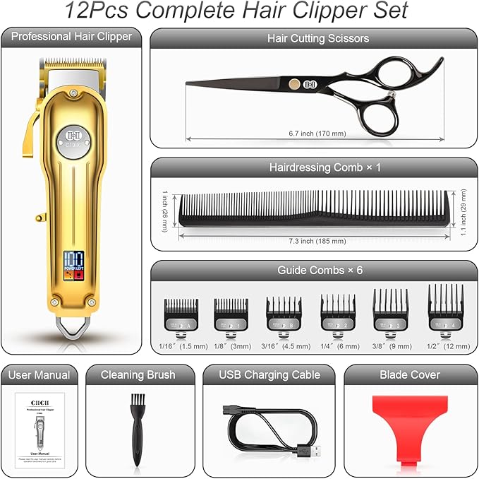 CIICII Hair Clippers for Men Professional, Cordless Barber Clippers for Hair Cutting (12Pcs Rechargeable USB Adjustable LCD Display Hair Beard Grooming Trimming Haircut Kit) for DIY Home Barber Salon