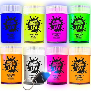 Blue Squid UV Body Paint - Glow in the Dark Body Paint, Neon Face Paint for Glow Party Accessories - Safe, Non-Toxic Black Light Glow Makeup for Adults & Kids, Multicolor 8 x Pots with Mini UV Light