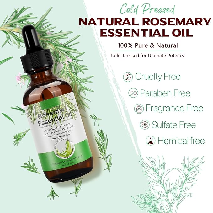 Rosemary Oil for Hair Growth, 100% Natural Cold Pressed Rosemary Hair Oil, Multipurpose Rosemary Essential Oils for Skin, Aromatherapy for Women & Men
