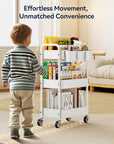YASONIC Metal 3 Tier Rolling Cart - Heavy Duty Utility Cart with Lockable Wheels, Hanging Cups, Hooks, Mesh Rolling Storage Cart Craft Cart Organizer, Lightweight and Sturdy, White