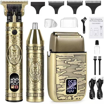 Electric Foil Shaver for Men, T-Blade Beard Trimmer Razor Nose Hair Trimmer Set, Cordless Rechargeable Beard Trimmers Professional Hair Clippers Kit with LCD, Gifts for Men Him Dad Fathers Day