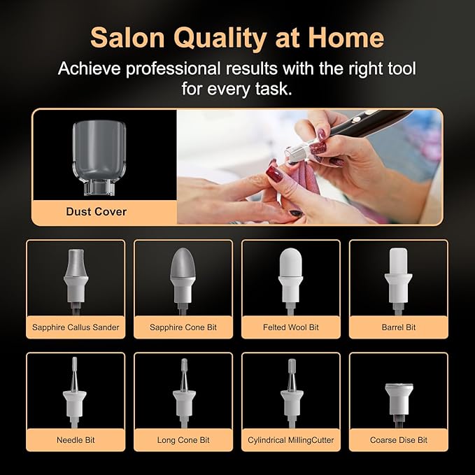 Electric Nail File Drill: Rechargeable Codless Nail Drill Set Kit for Acrylic Gel Dip Powder Nails, 9-Speed Professional Manicure Pedicure Machine, Portable and Lightweight for Home & Salon Use