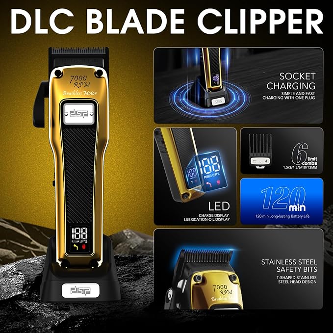 DSP Professional Barber Clipper Cordless, Hair Clipper for Men, Powerful Clipper, BLDC Motor & DLC Coated Detachable Blade with Charging Base