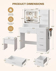 Makeup Vanity Desk Set, 35.4“Wx15.7”Dx53.9“H, White (Smart LED Mirror, with Cushion Stool, Hairdryer Rack, Power-Outlet, 4 Drawers, Open Shelves)