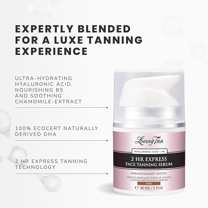 Loving Tan NEW 2 Hr Express Face Tanning Serum, Dark - Hydrating, Natural-Looking Glow Sunless Self Tanner, Dermatologist Tested, Lightweight, Naturally Derived DHA, Vegan & Cruelty-Free - 1 fl oz