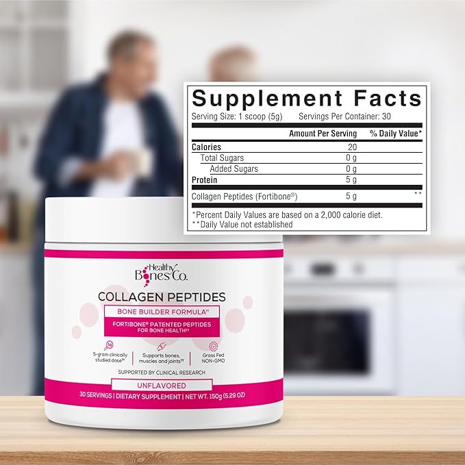 FORTIBONE Collagen Peptides Essential Bone Builder Hydrolyzed Collagen Powder for Women & Men, Clinically-Supported for Bone Strength & Density, Gluten Free & Dairy Free - Unflavored (30 Servings)