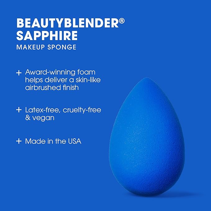 Beautyblender® | Sapphire Beauty Blender Makeup Sponge, Super-Soft Foam Easily Blends Foundations, Powders & Creams, Made in USA, Reusable, Washable, Streak Free Application, Vegan, Cruelty Free