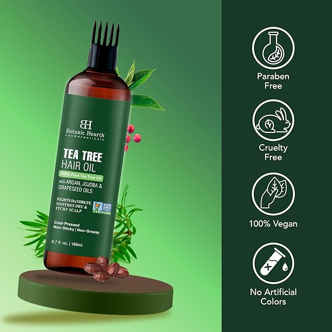 Botanic Hearth 100% Pure Tea Tree Oil For Hair Growth | Infused with Jojoba & Grapeseed Oils | Hair Oil Repairs Dry Damaged Hair, Strengthening, Healthier - Hair Tonic, 6.7 fl oz (pack of 2)