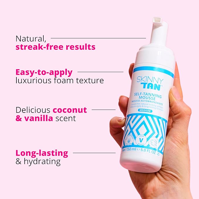 Skinny Tan Self-Tanning Mousse - Long-Lasting and Non-Drying Formula - Coconut and Vanilla Scent - Easy To Apply Luxurious, Foam Texture - Streak Free and Natural Looking Results - Medium - 5 oz