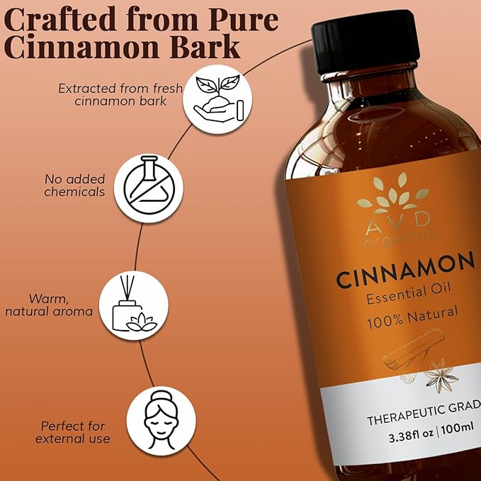Cinnamon Essential Oil for Diffuser | 100% Pure & Natural | UNDILUTED Therapeutic Grade Cinnamon Oil | Perfect for Aromatherapy Relaxation Skin Care & More |3.38 fl. Oz