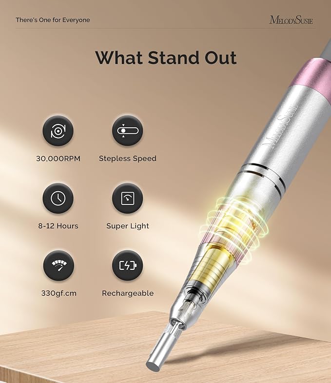 MelodySusie 2 in 1 Professional Nail Drill, 30000 RPM SC330G Electric Nail File with Kickstand for Gel Nails Polishing Removing, Portable Cordless Nail Efile for Manicure Pedicure at Home & Salon,Rose