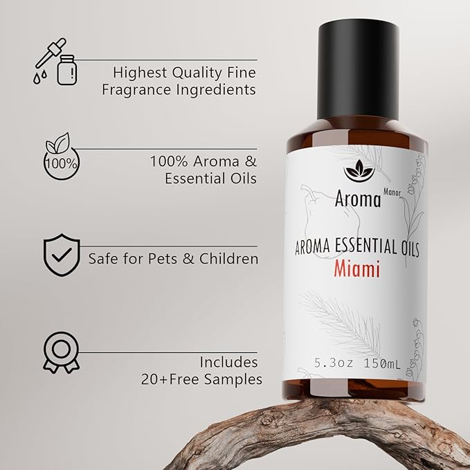 Diffuser Oils Scents - Miami Essential Oil Blend - Luxury Hotel Inspired Home Aromatherapy Diffuser Oil - Pear, Lily of The Valley, Cedar - for Diffuser, Humidifier, Ultrasonic, Reed - 150ML