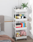 Sywhitta 4-Tier Plastic Rolling Utility Cart with Handle, Multi-Functional Storage Trolley for Office, Living Room, Kitchen, Movable Storage Organizer with Wheels, White