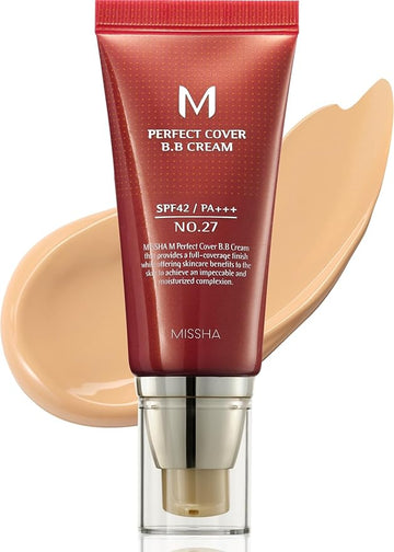 MISSHA M Perfect Cover BB Cream No.27 Honey Beige - Medium with Neutral/Warm Undertone SPF 42 PA +++ 1.69 Fl Oz - Tinted Moisturizer for face with SPF