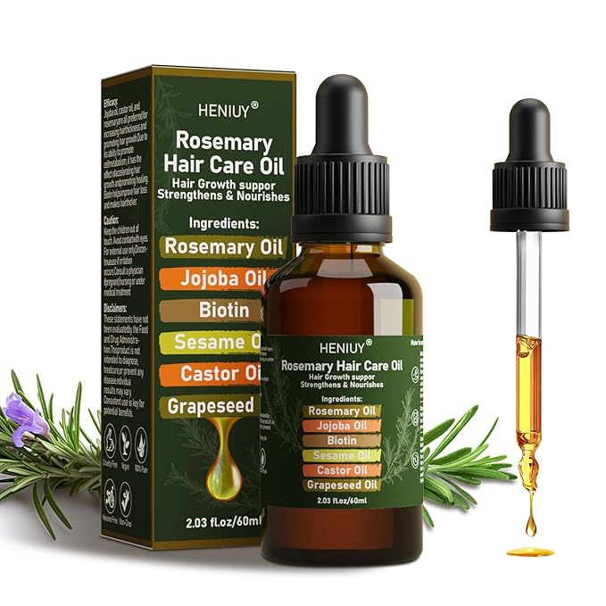 Pure Rosemary Oil Blended with Castor, Sesame, Jojoba and Grapeseed Oils to Promote Hair Growth, Biotin and Strengthen Hair, Dark Glass Bottle with Dropper 2Fl Oz
