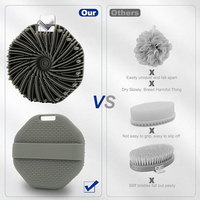 Silicone Body Scrubber, Men Body Scrubber, Gentle Exfoliating, Suitable for All Skin Types, Handheld Shower Brush, Rich Lathering, Easy to Clean (Gray)