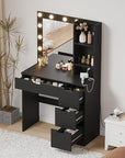 Vanity Desk with Mirror and Lights, 4 Drawers, Open Shelves, Built-in Power Outlets, 3 Lighting Colors Adjustable Dressing Table for Bedroom, Makeup Studio, Black