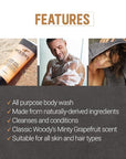 Woody's Hair and Body Wash for Men – 2-in-1 Cleanser & Body Wash, Deep Cleansing, Hydrating, Refreshing Scent, Sulfate-Free, 10 fl oz, 1 Pack
