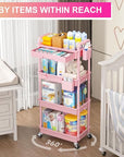 Goovilla 4 Tier Rolling Utility Cart Organizer with Removable Drawer, Stable and Sturdy Pink Rolling Storage Carts with 2 Lockable Wheels for Bathroom, Kitchen, Snack, Craft, Makeup, Baby Essentials