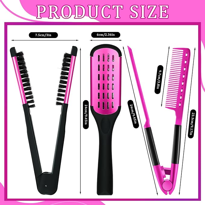 Chengu Hair Brush, Boar Bristles Clamp Double Sided Brush & V Shaped Styling Hair Comb, Straightening Knotty Unkempt Hair (Rose Red, Pink)