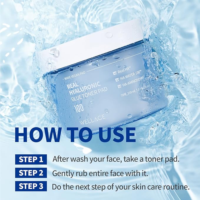 WELLAGE Real Hyaluronic Blue Toner Pad – Korean Toner Pads for Calming & Moisturizing with Hyaluronic Acid - Exfoliating Pads for Skin Smooth, K-Beauty Skincare, 70 Sheets