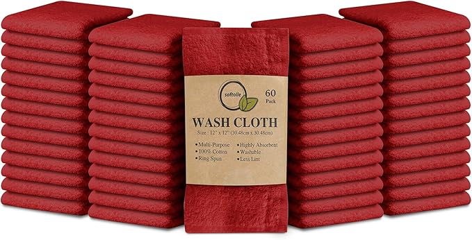 Softolle 100% Cotton Washcloths 60 Pack (12x12 Inches) Soft, Highly Absorbent Washcloth, Face Towels, Wash Cloths for Face, Ring Spun, Bulk Pack (Burgundy)