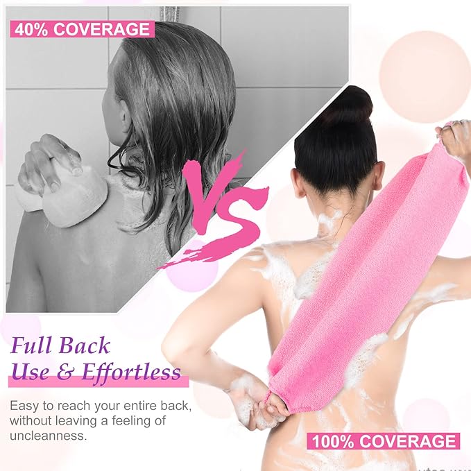 Moukeren Exfoliating Back Scrubber with Handles 4 Pack Nylon Back Exfoliator Extended Length Washers Scrubbers Stretchable Pull Strap Exfoliating Washcloth(Dark Blue, Gray, Beige, Pink)