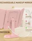Rechargeable Trifold Makeup Mirror with Lights, 1X/3X/5X Magnification, Cordless 3-Color LED Vanity Mirror for Travel & Desk, Up to 20H Use, Ideal Gift for Women & Teens - Pink