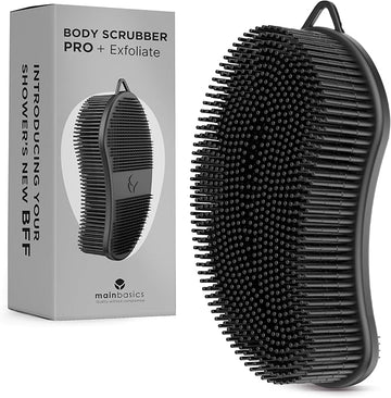 MainBasics Silicone Body Scrubber – Dual-Sided Shower Exfoliator for Men & Women, Gentle Silicone Loofah Alternative for Deep Clean (Black, Exfoliate)