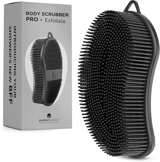 MainBasics Silicone Body Scrubber – Dual-Sided Shower Exfoliator for Men & Women, Gentle Silicone Loofah Alternative for Deep Clean (Black, Exfoliate)