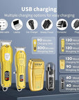 Professional Hair Clipper Set, Rechargeable Cordless Barber Kit and Hair Cutting Set, Electric Foil Shavers and Beard Trimmers, Ear, Nose Hair Trimmer Set & Facial Grooming Tool (Gold)