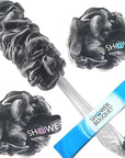 SHOWER BOUQUET Loofah-Charcoal Back-Scrubber & Bath-Sponge Set // 1 Long-Handle-Back-Brush Plus 2 Extra Large 75g Soft Mesh Loofa-Lufa-Loufa Puff Poufs, Men & Women - Exfoliate with Full Pure Cleanse
