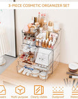 Yieach 3 Pack Clear Makeup Organizer Countertop for Dresser,Vanity and Bathroom Counter Organizer,Tiered Stackable Makeup Acrylic Organizers with 9 Drawer for Skincare,Brush and Make up Holders