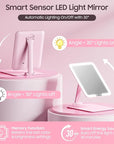 Benbilry Foldable Travel Makeup Mirror with Lights and 20X Magnification, Rechargeable Tabletop LED Vanity Mirror with Adjustable Stand, 3-Colored Dimmable Lighting, Portable Cosmetic Mirror, Pink