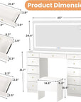 Pamapic Glass Top Vanity Desk with Crystal Handles, 11 Drawers Makeup Vanity with Mirror and Stool, 3 Lighting Modes Dressing Table, Power Outlet, Silent Slides, White