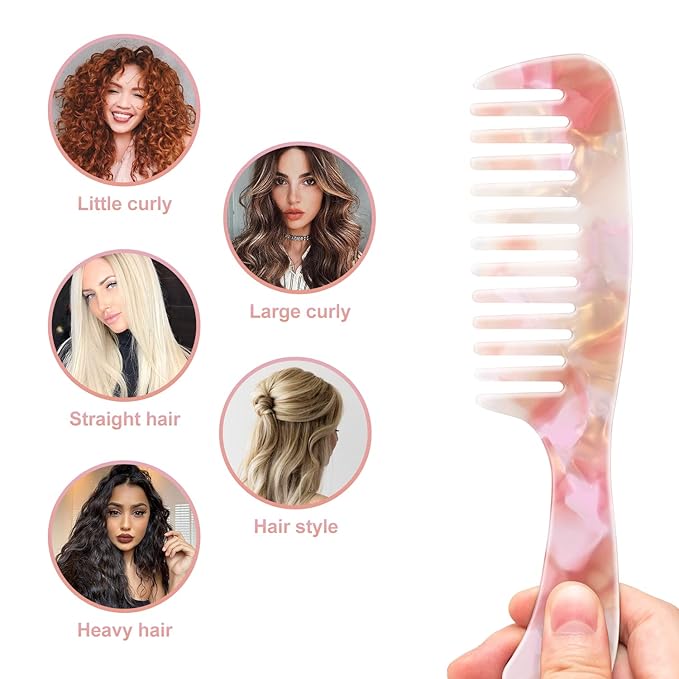 Large Wide Tooth Hair Comb, LADYAMZ [Tortoise Shell] Cellulose Acetate Round Tooth Comb for Straight/Curly Hair,Short/Long Hair Women Men or Kids, Easy Detangling Wet or Dry, Anti-static (Purple)