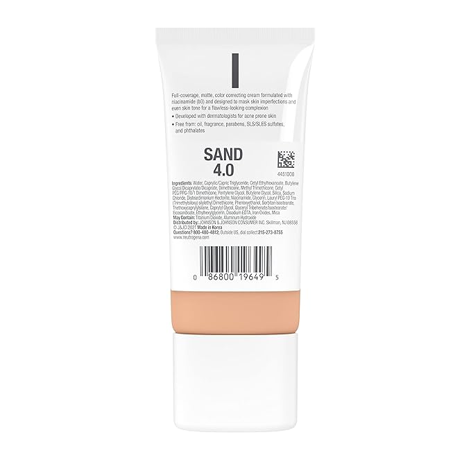 Neutrogena Clear Coverage Flawless Matte CC Cream, Full-Coverage Free, Sand, 1 oz