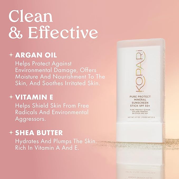 Kopari PURE PROTECT 100% Mineral Sunscreen Stick SPF 50+ Clear Zinc Oxide Face and Body Sunscreen with Hydrating Argan Oil, Shea Butter, Sheer Finish, Ultra-Portable, for Easy Reapplication