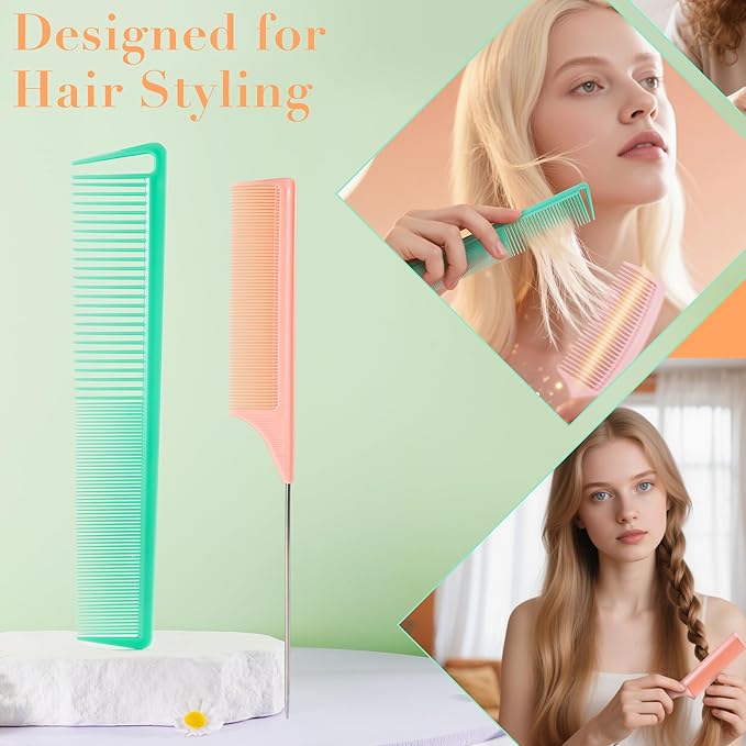 SALONSILK Dopamine Colorful 4PCS Professional Comb Set, Wide Tooth Rat Tail Fine Tooth Hair Combs, Braiding Cutting Barber Styling Curly Parting Set for Men and Women