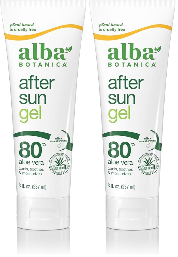 Alba Botanica Aloe Vera Gel for Skin, Cooling After Sun Treatment for Face and Body, Made with Purity Certified 80% Aloe Vera Gel Formula, 8 fl. oz. Tube (Pack of 2)