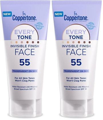 Coppertone Every Tone Invisible Finish Face Sunscreen SPF 55, Lightweight, Blends in Clear Sunscreen for All Skin Tones, 2 Fl Oz Tube (Pack of 2)