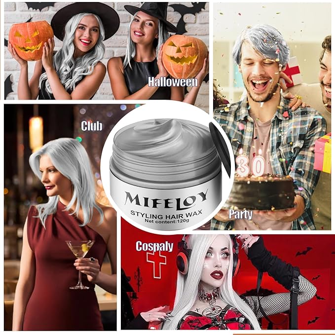 Temporary Silver White Hair Spray Color Wax 4.23 oz, Instant Natural Hairstyle Cream Dye, Disposable Coloring Mud for Men Women, Washable Styling Pomades, Party Cosplay DIY Halloween