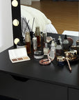 Vanity Desk with Mirror and Lights, 4 Drawers, Open Shelves, Built-in Power Outlets, 3 Lighting Colors Adjustable Dressing Table for Bedroom, Makeup Studio, Black
