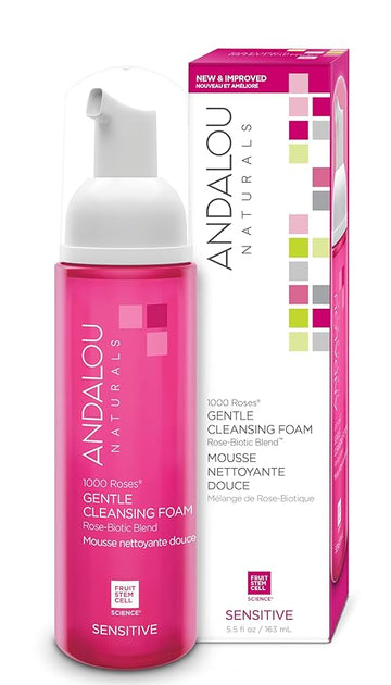 Andalou Naturals 1000 ROSES Gentle Cleansing Foam Face Wash, Hydrating Foaming Facial Cleanser with Rosewater & Aloe for Women & Men, Non Toxic, Vegan