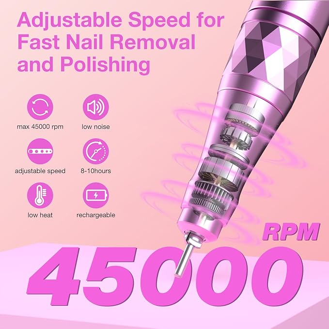 Electric Nail Files, 45000 RPM Professional Nail Drill for Acrylic Nails Gel, Adjustable Speed E File for Nails, Cordless Rechargeable Nail Drill Kit for Manicure Salon Home(Pink,Gift Box)