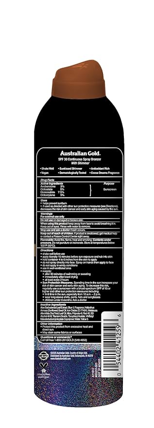 Australian Gold SPF 30 Continuous Sunscreen Spray with Instant Bronzer & Shimmer, 6 oz, Broad Spectrum UVA/UVB Protection, Water Resistant Scented Spray Sunscreen, Cocoa Dreams Fragrance