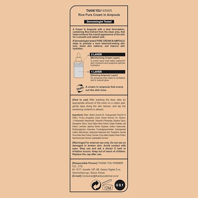 THANKYOU FARMER Rice Pure Cream In Ampoule, Double Layered Formula, Glass skin, Dermatologist Tested, Korean Rice Extracts, Niacinamide, Fragrance-Free, 1.75 fl.oz (50ml)