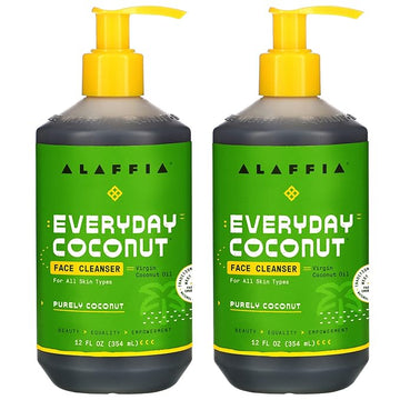 Alaffia Everyday Coconut Face Cleanser for All Skin Types. Leaves Skin Fresh and Hydrated with Fair Trade Coconut Oil & Neem, Vegan, Cruelty Free, No Parabens, Purely Coconut, 2 Pack - 12 Fl Oz Ea