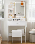 Haewon Small Vanity Desk with LED Mirror and Charging Station, Makeup Vanity Set with Storage Chair, White Compact Dressing Table with Fold-up Panel, Drawer and Shelves for Bedroom
